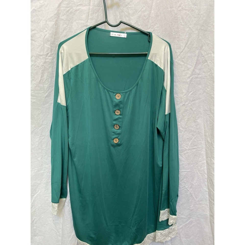 RoseGal Green White Henley Lace Long-Sleeved Shirt 3X New With Tags Wood Buttons